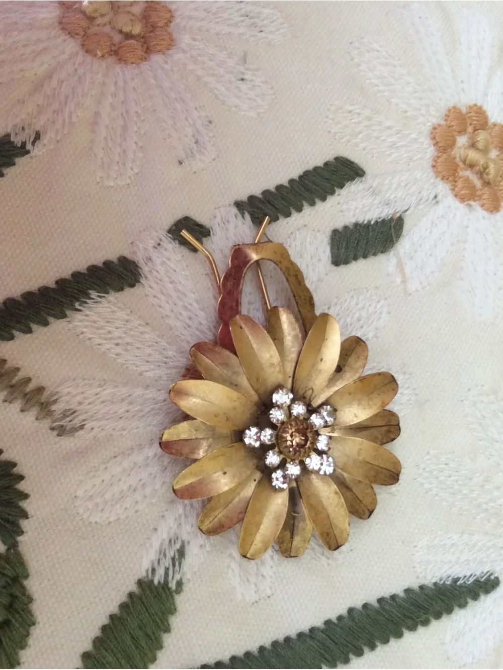 Anthropologie Gold Floral Antique Bronze Rhinestone Crystal Brooch